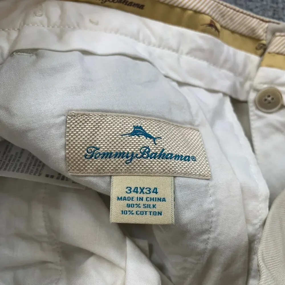 Tommy Bahama Pants Mens 34 Eggshell Silk Blend Herringbone Flat Front Straight